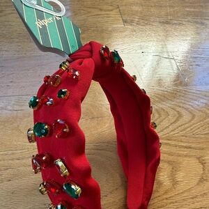 Piper Red Knotted Headband with Green and Gold Gems